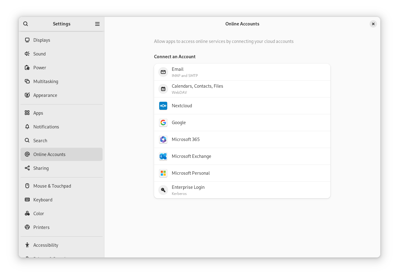 a screenshot of gnome 46 revamped online accounts feature
