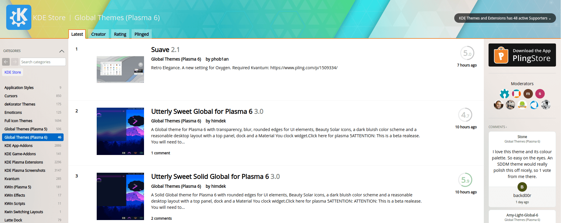 a screenshot of the global themes pages in the kde store