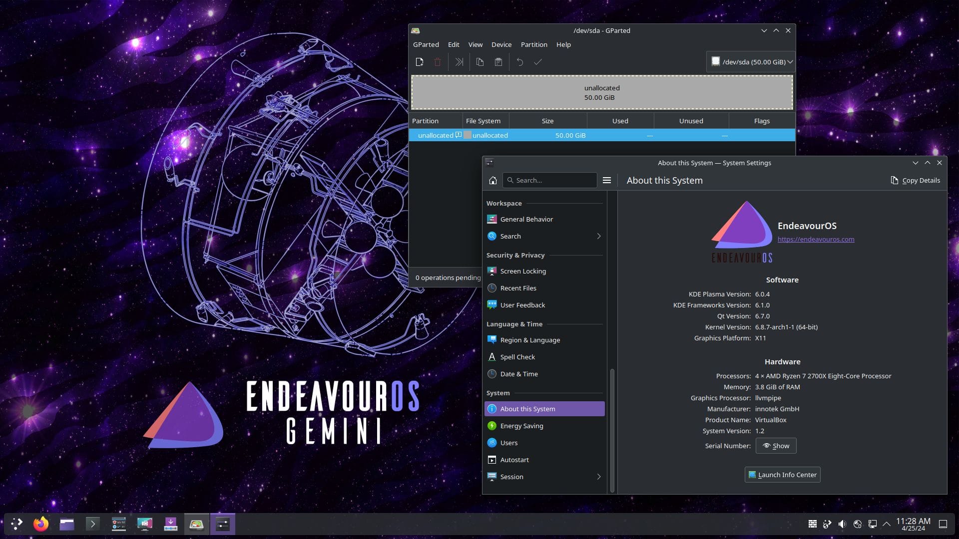 a screenshot of endeavouros gemini desktop with gparted and about this system page open