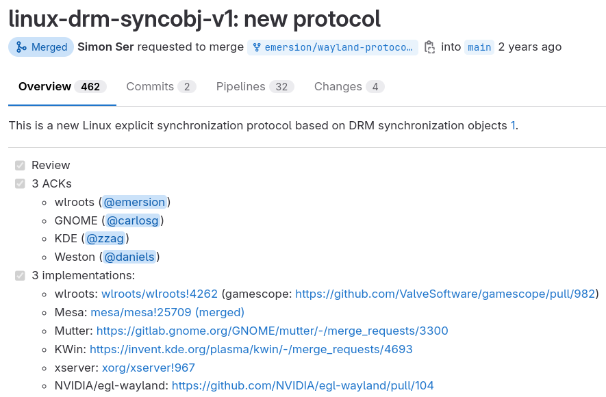 a screenshot of the explicit sync protocol merge request on wayland gitlab repo
