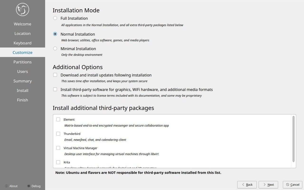 a screenshot of kubuntu 24.04 lts installer mode options