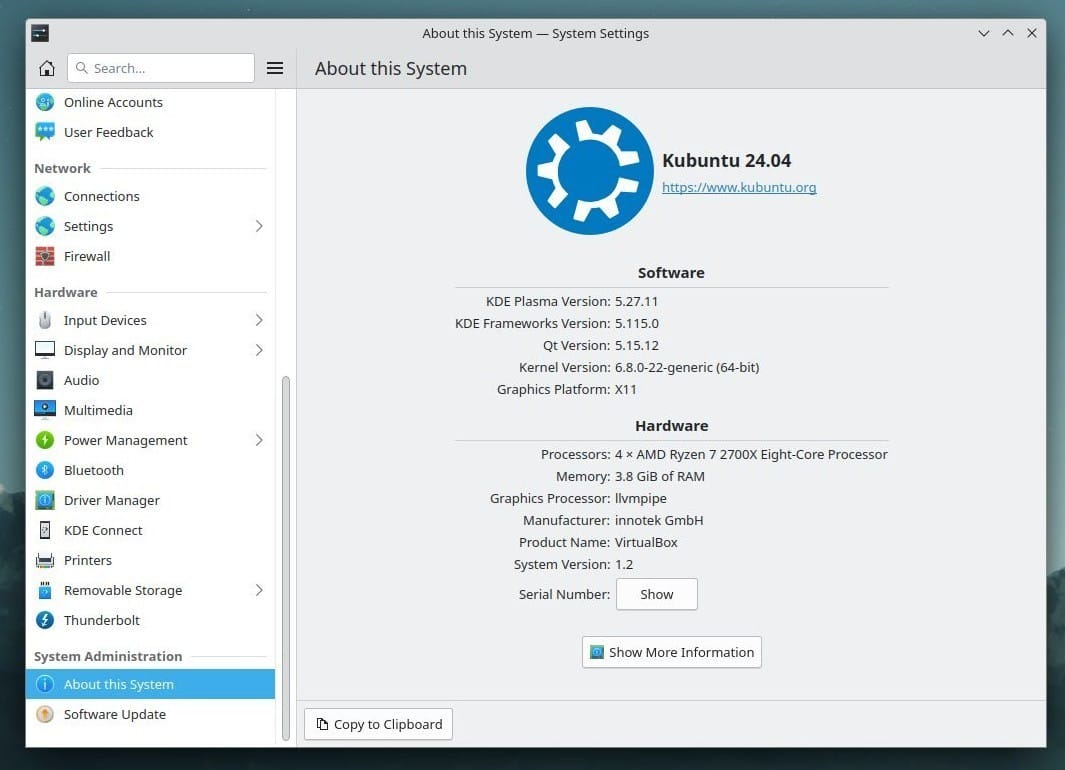 a screenshot of kubuntu 24.04 lts about system info
