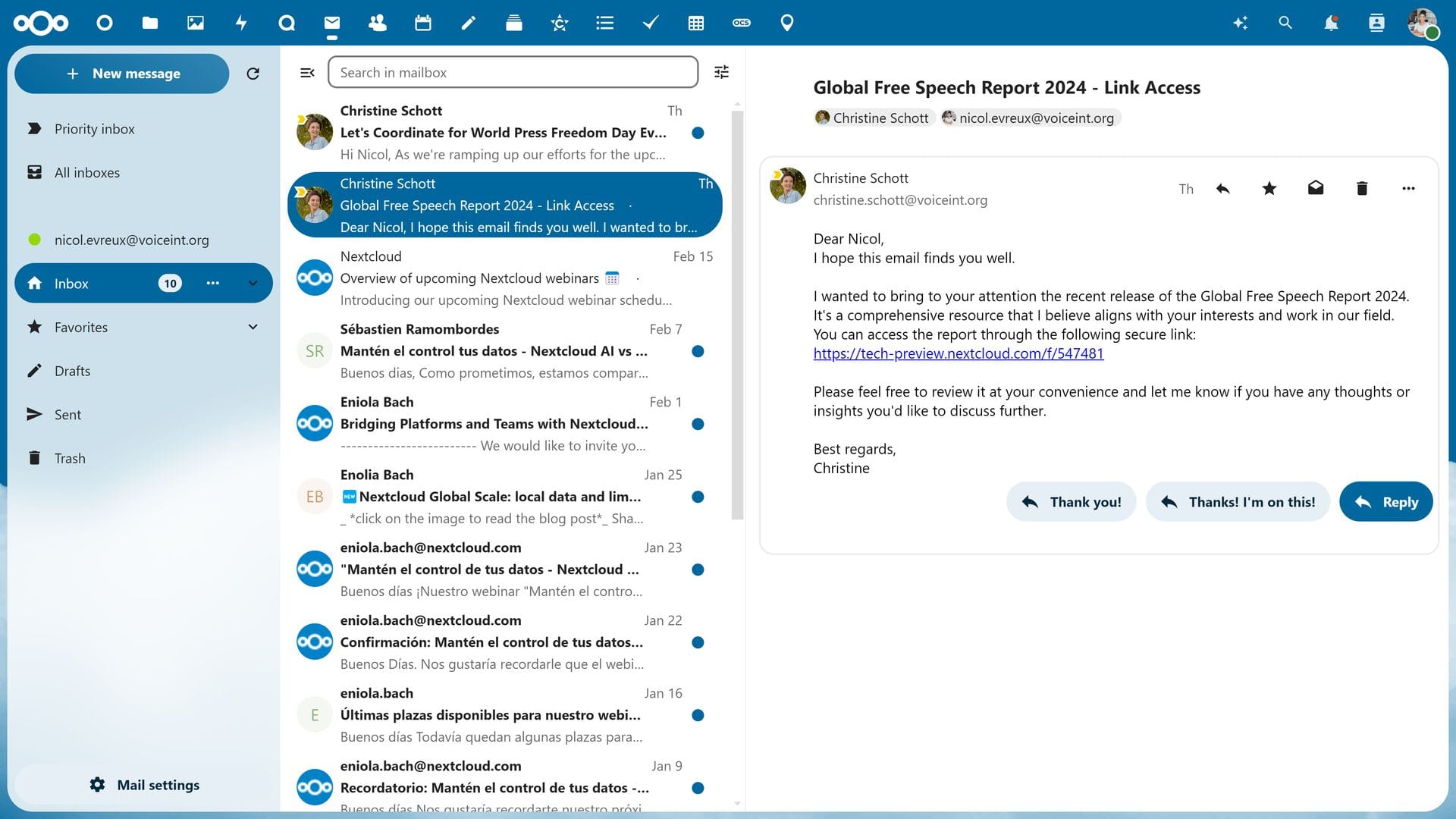 a screenshot of nextcloud hub 8 mail interface with ai reply suggestions on the screen