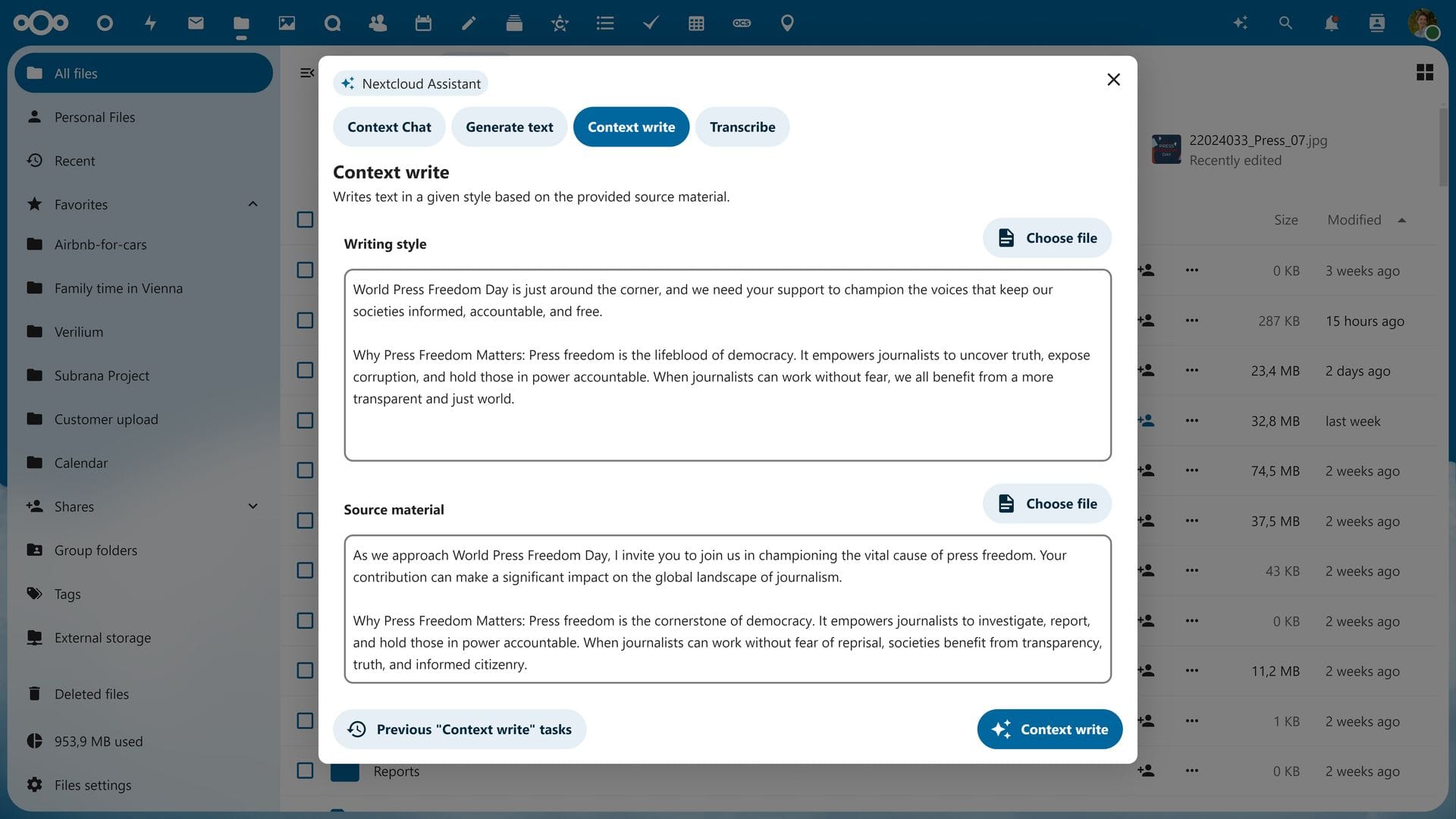 a screenshot of nextcloud hub 8 context write feature in action which is part of nextcloud assistant 2.0