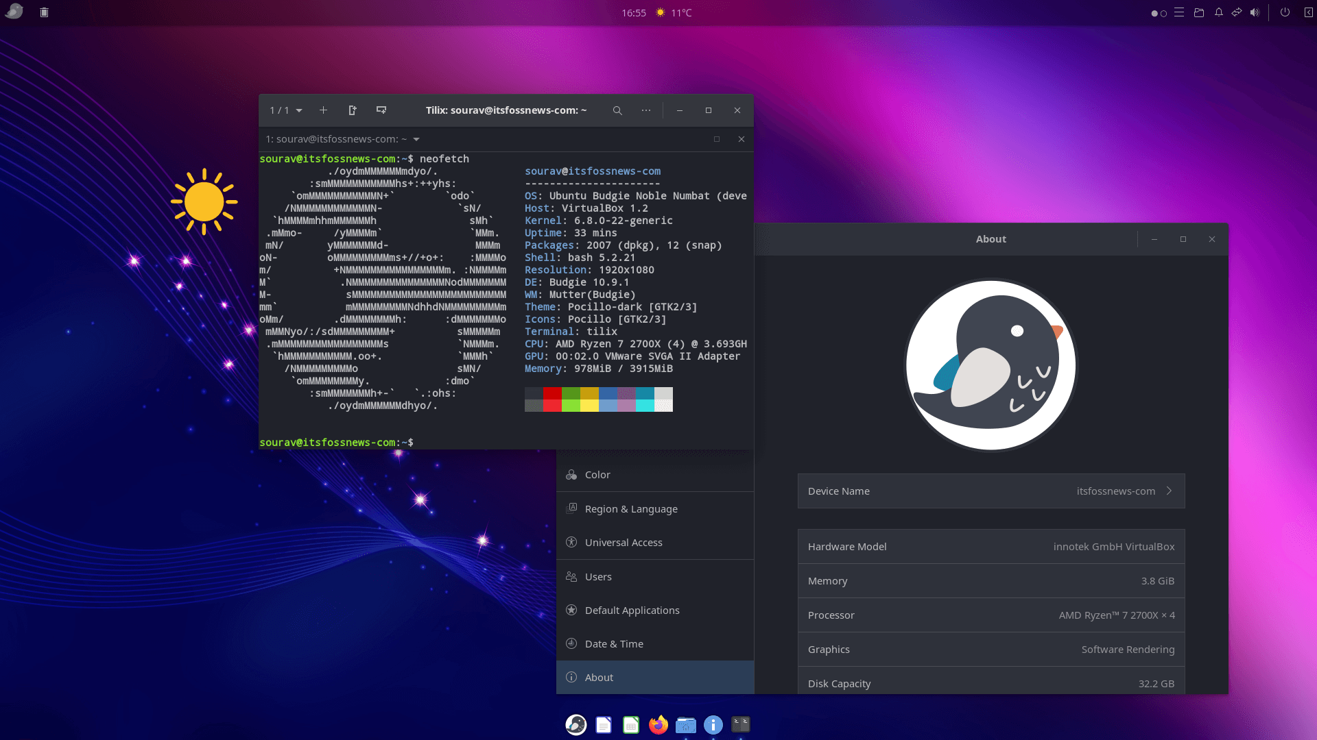 a screenshot of ubuntu budgie 24.04 lts neofetch output and about info
