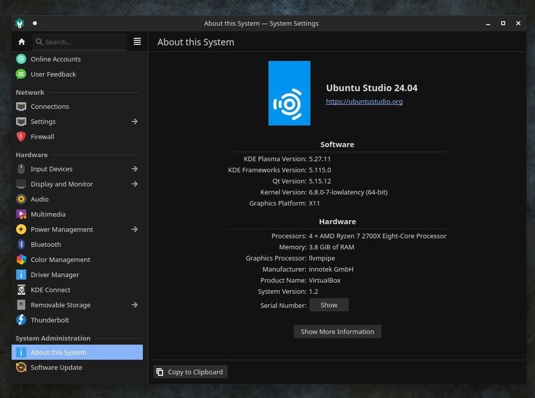 a screenshot of ubuntu studio 24.04 lts about system info