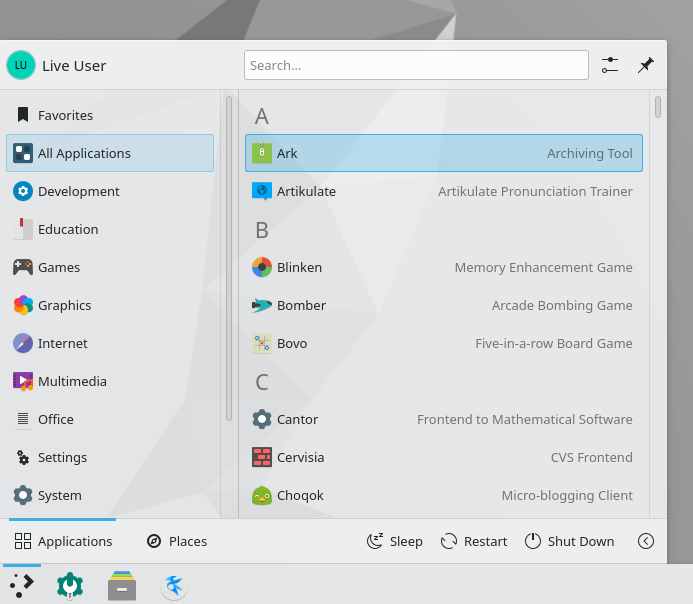 a screenshot of adélie linux application launcher
