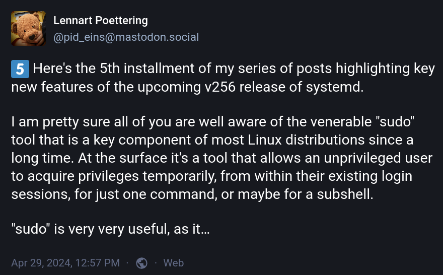 a screenshot of lennart poettering's post on mastodon about the introduction of run0 with systemd 256
