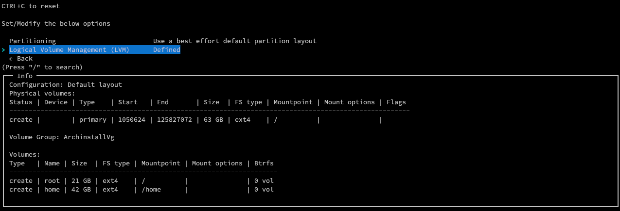a screenshot of the lvm menu on arch install 2.8.1