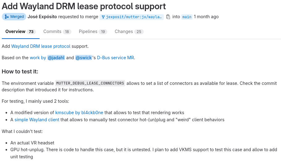 a screenshot of the merge request for adding wayland drm lease protocol support to gnome