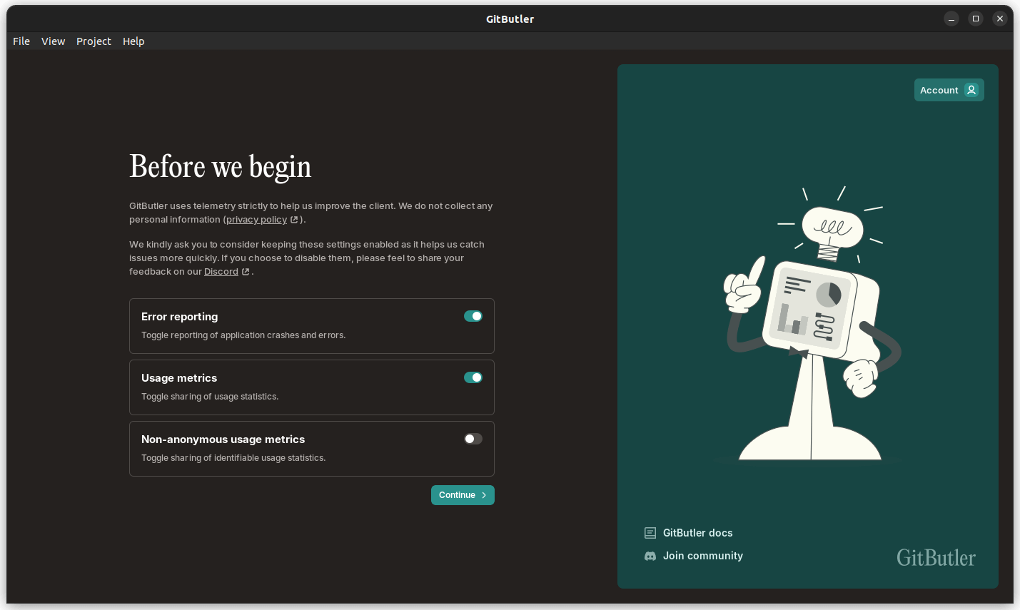 a screenshot of gitbutler telemetry consent screen