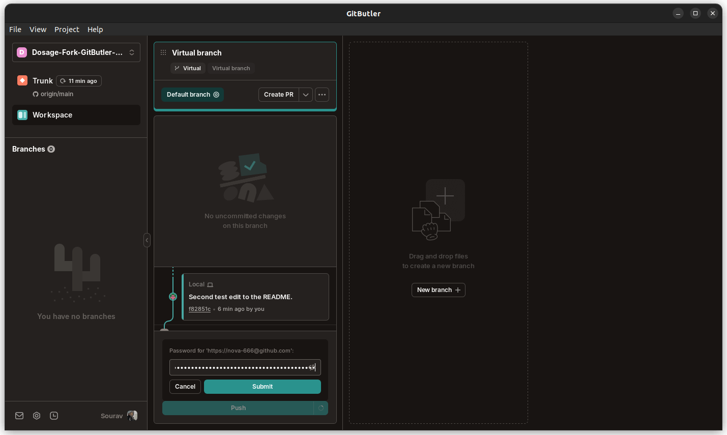 a screenshot of gitbutler virtual branch commit screen with authentication