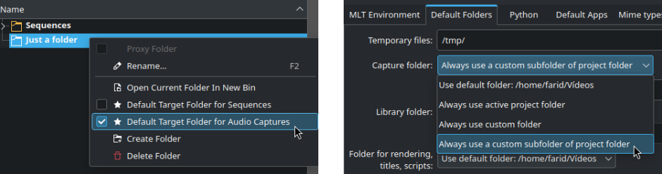 a screenshot of kdenlive 24.05.0 default capture folder and subdirectory storage of capture settings