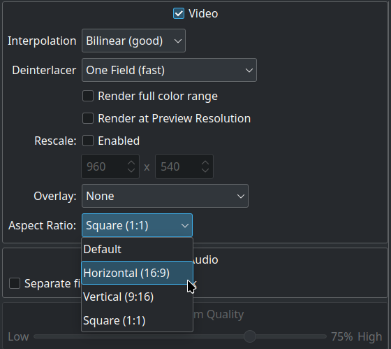 a screenshot of kdenlive 24.05.0 aspect ration selection screen