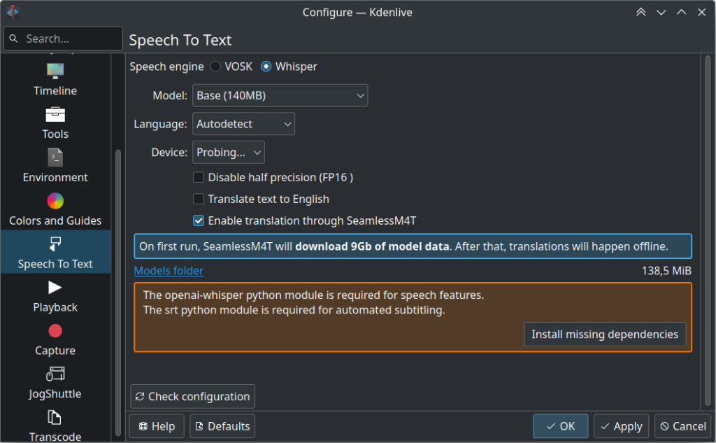 a screenshot of kdenlive 24.05.0 speech to text settings menu