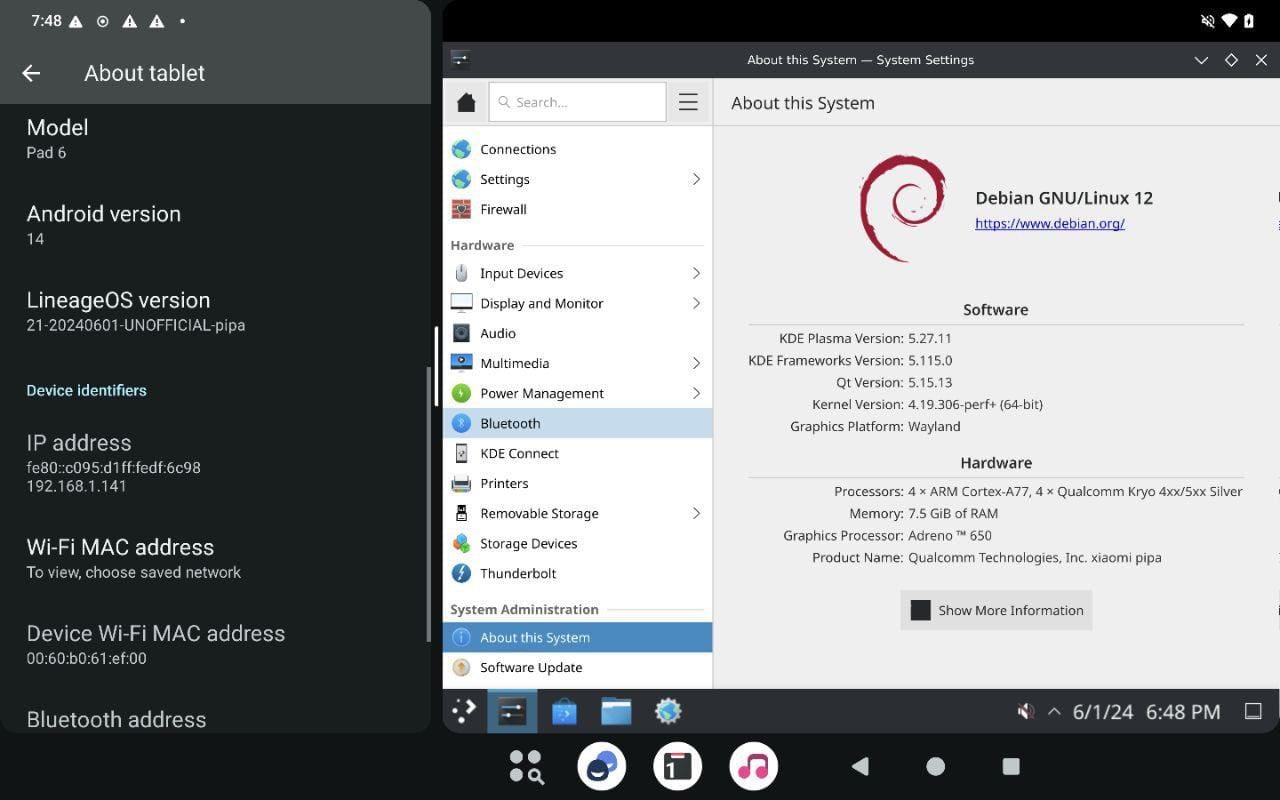 a screenshot of lindroid running debian 12 on the xiaomi pad 6