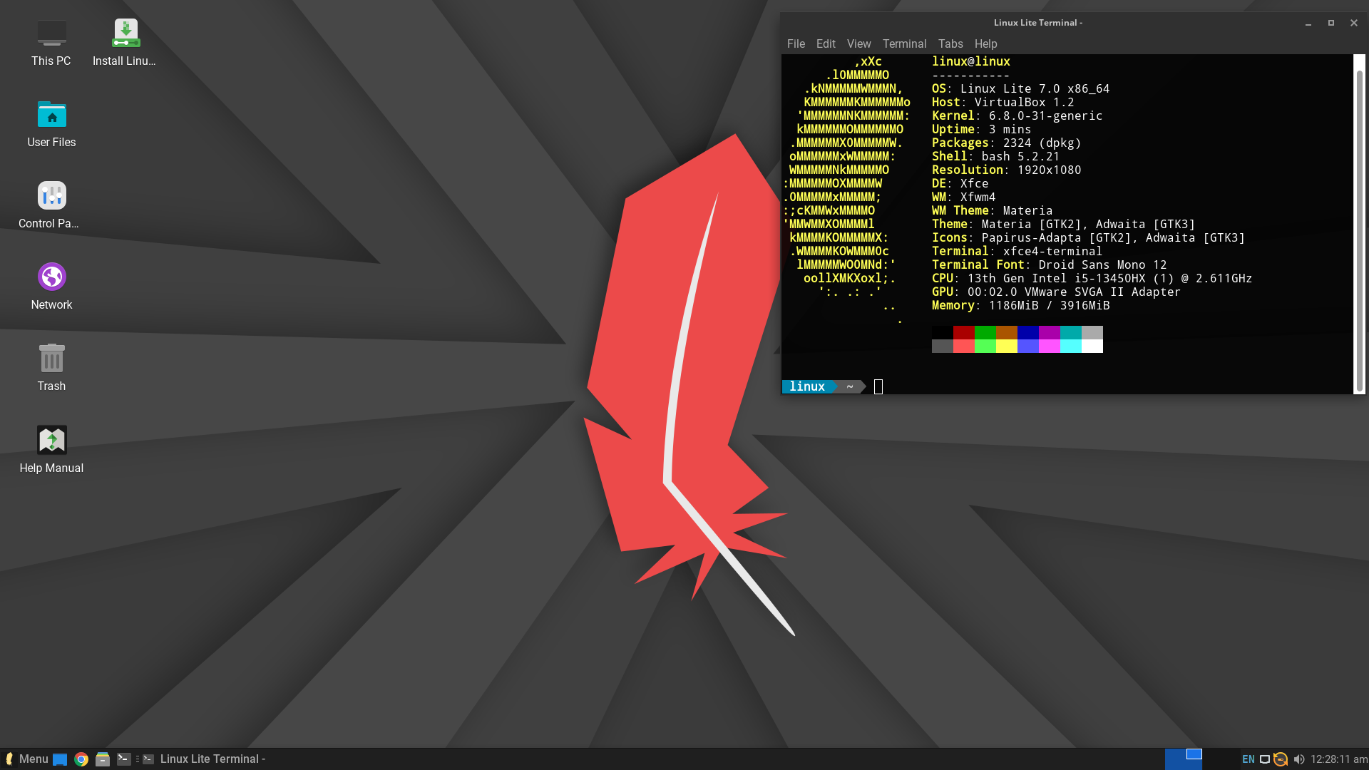 a screenshot of linux lite 7 desktop view with a neofetch output open