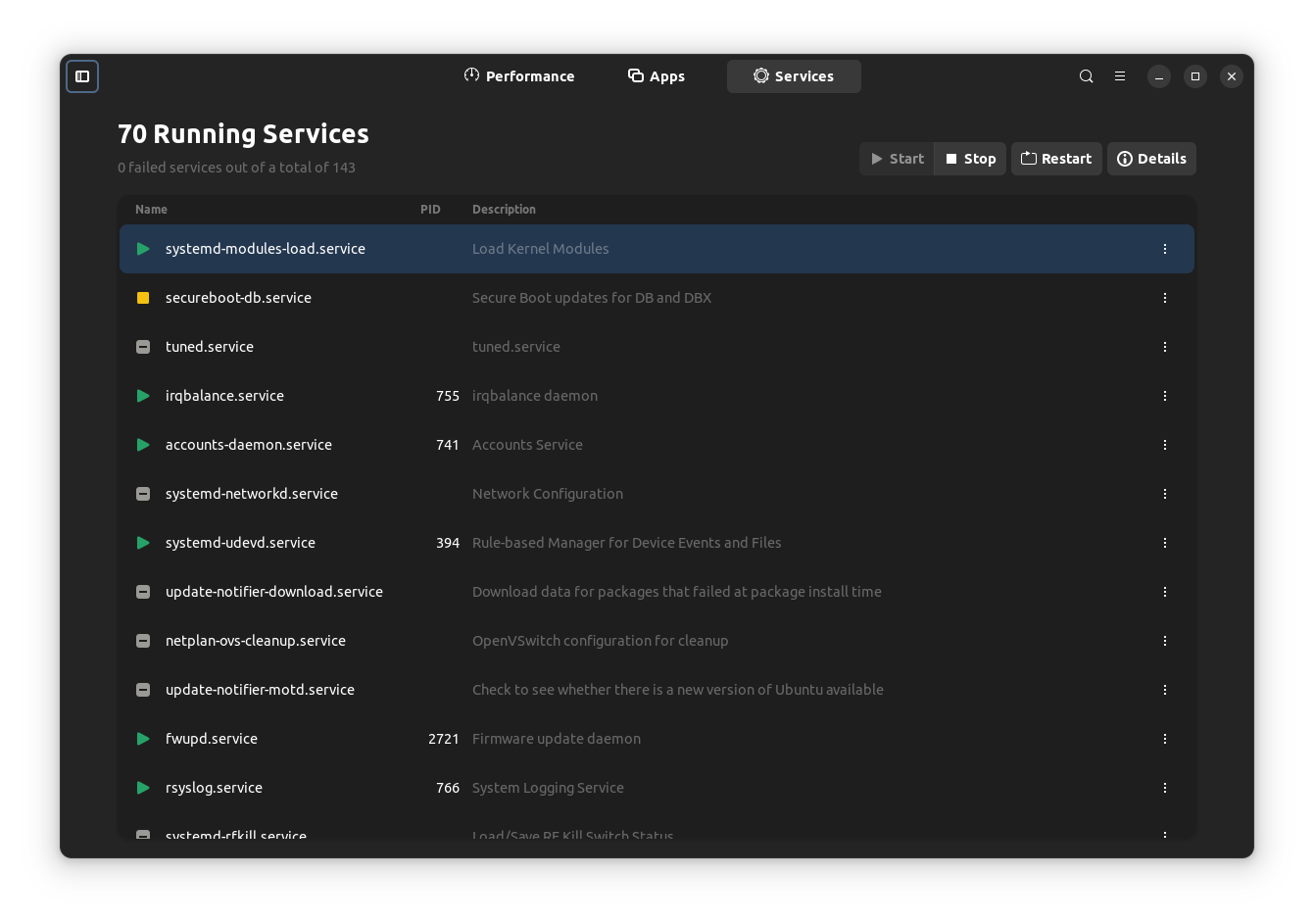 a screenshot of mission center 0.5.0 services tab