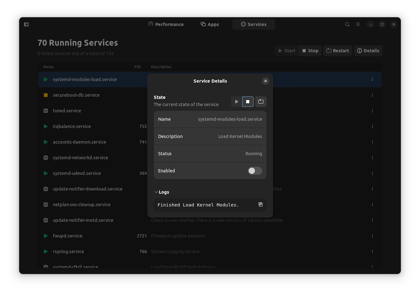 a screenshot of mission center 0.5.0 service details menu under the services tab