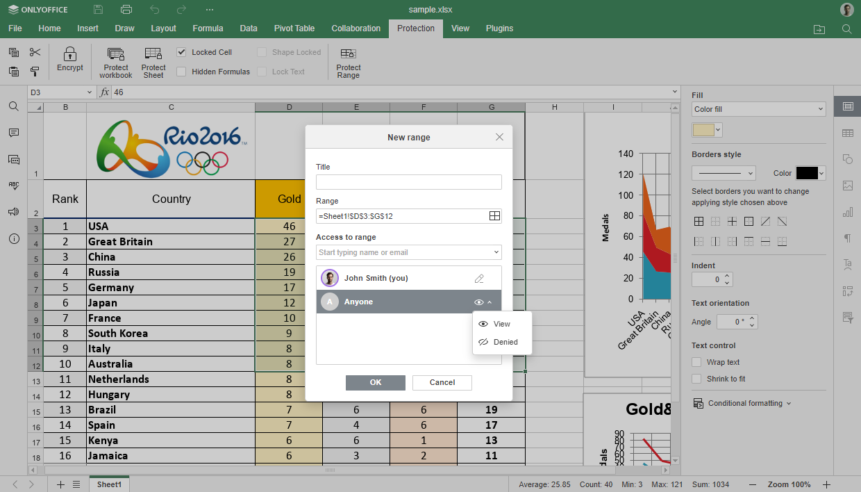 screenshot of the OnlyOffice Documents 8.1 option that limits the display of cells within a protected range