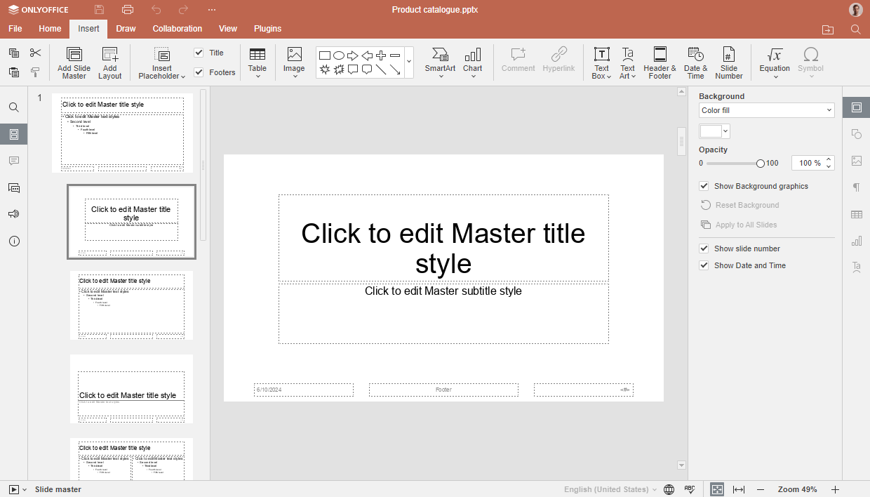 a screenshot showing the OnlyOffice Documents 8.1 presentation slide master feature in action