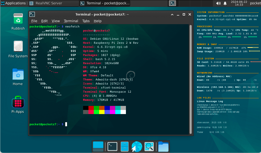 a screenshot of a customized version of raspberry pi os lite running on a pocket z prototype