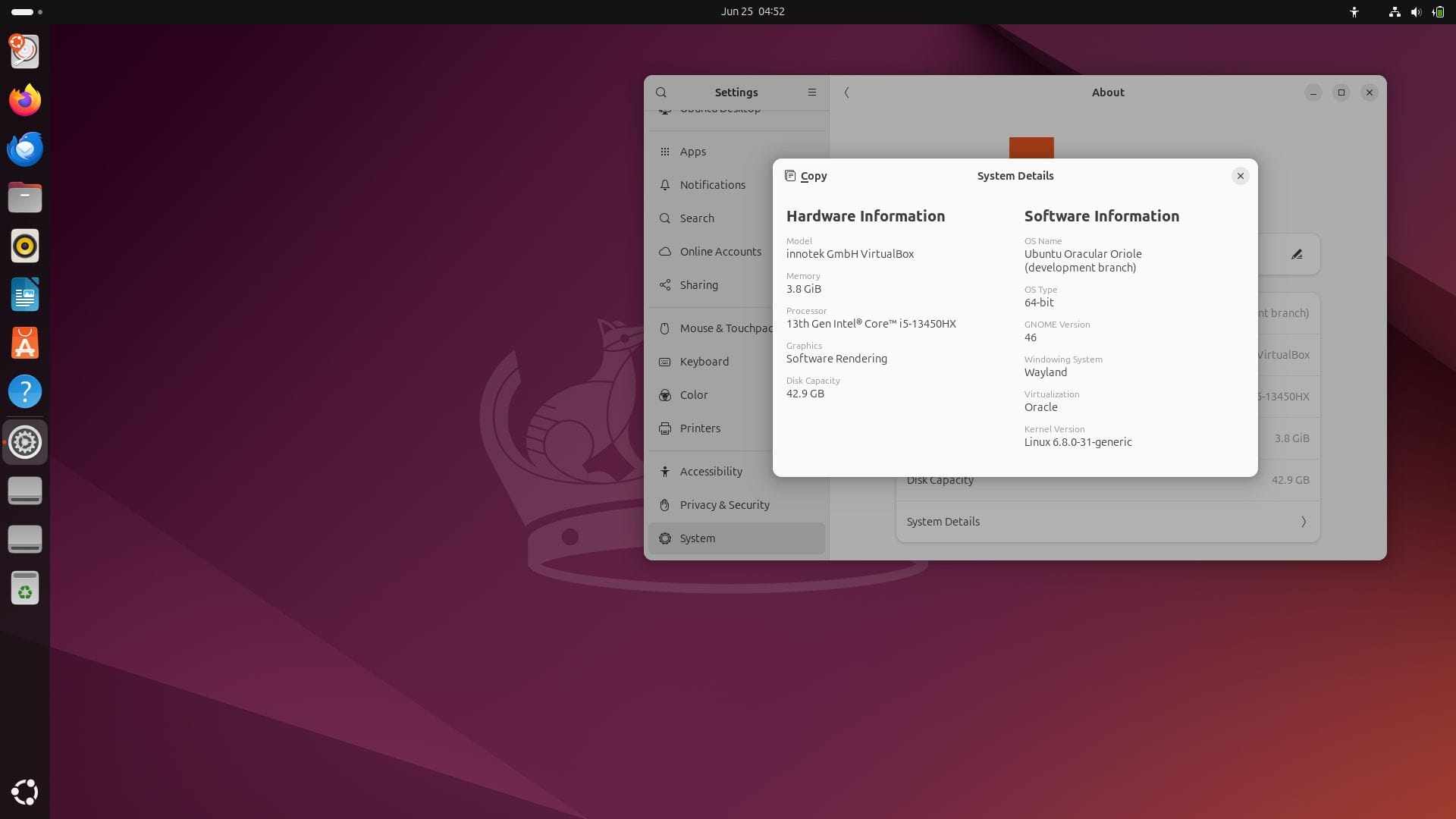 a screenshot of ubuntu 24.10 oracular oriole development branch build