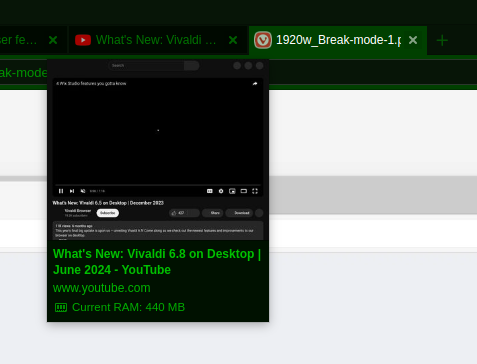 a screenshot of vivaldi 6.8 real time tab memory usage in action