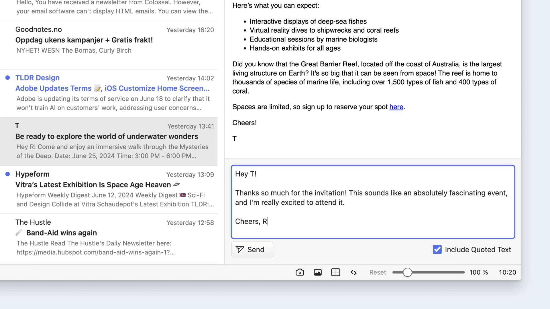 a screenshot of vivaldi 6.8 mail 2.0 quick reply feature