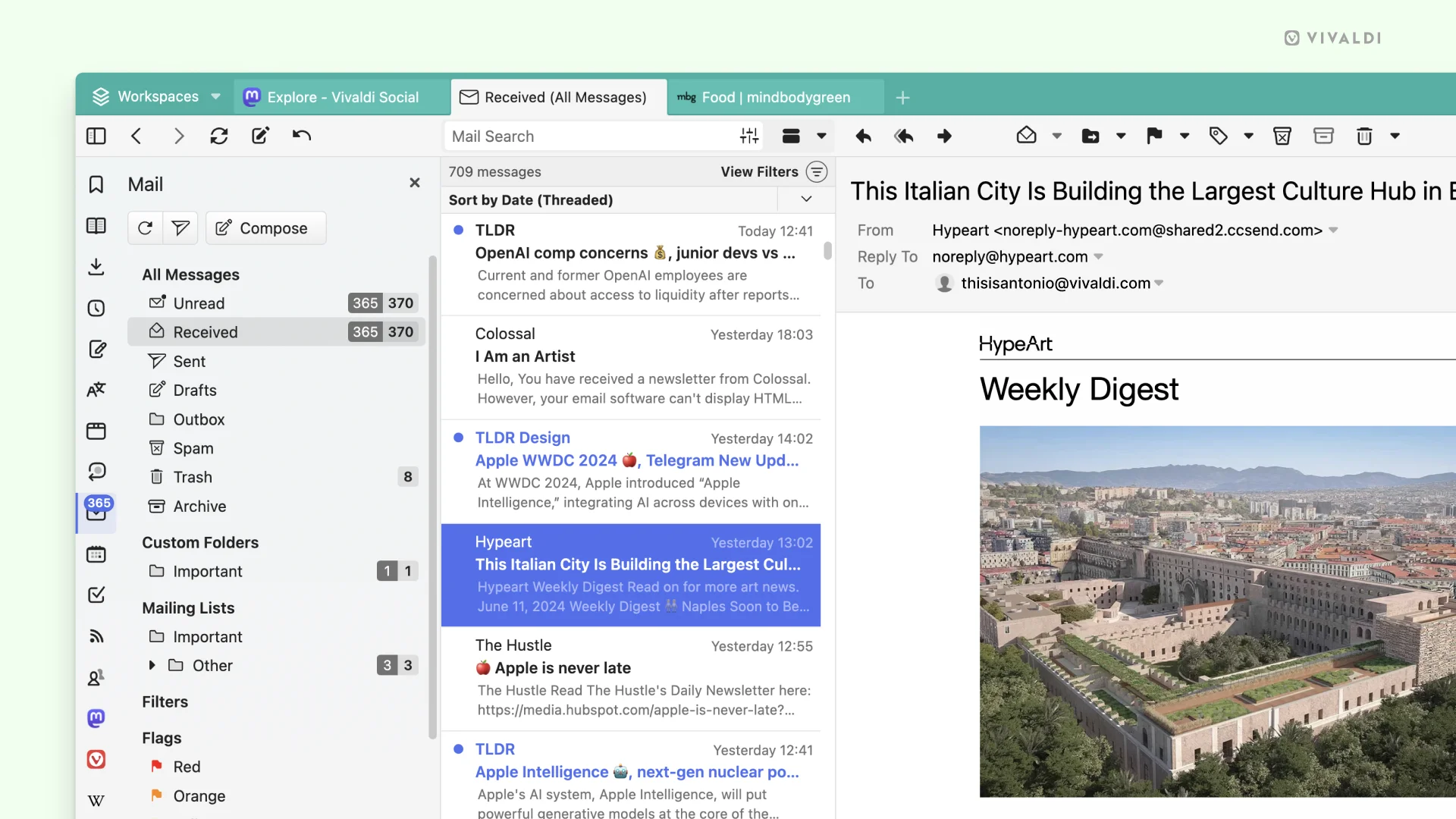 a screenshot of vivaldi 6.8 mail 2.0 mail previews in action