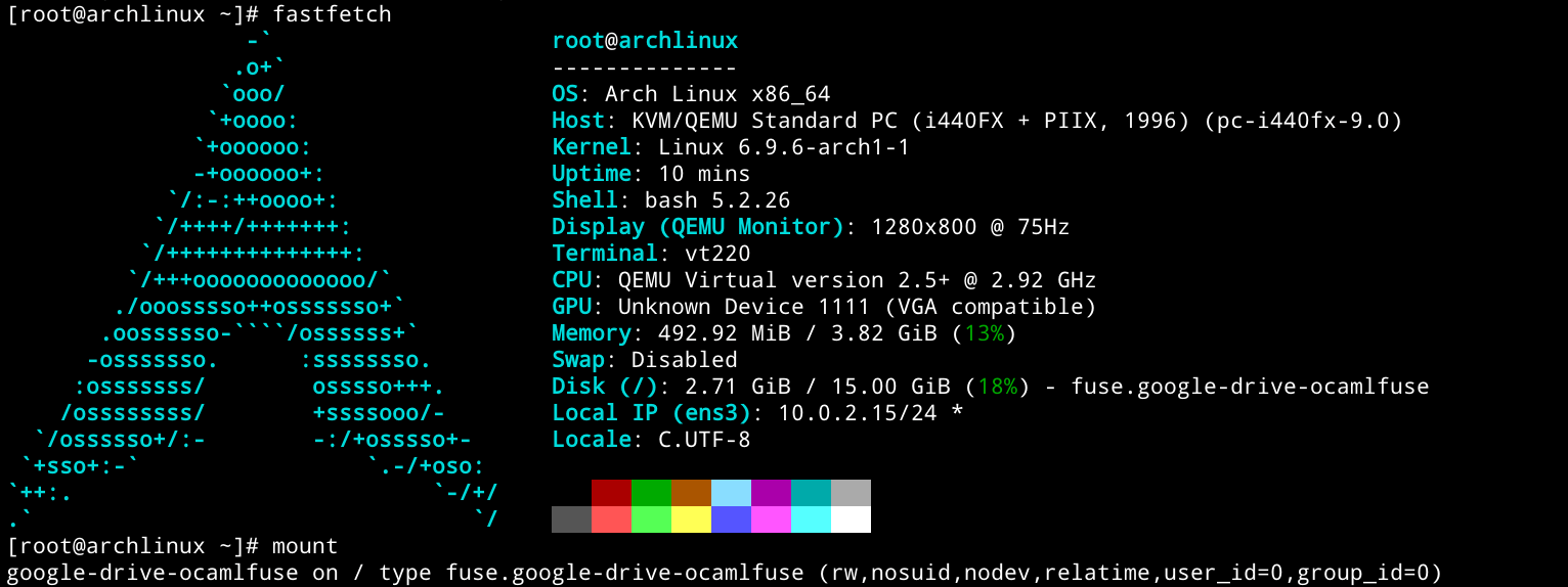 a screenshot of a fastfetch output of arch linux running on google drive