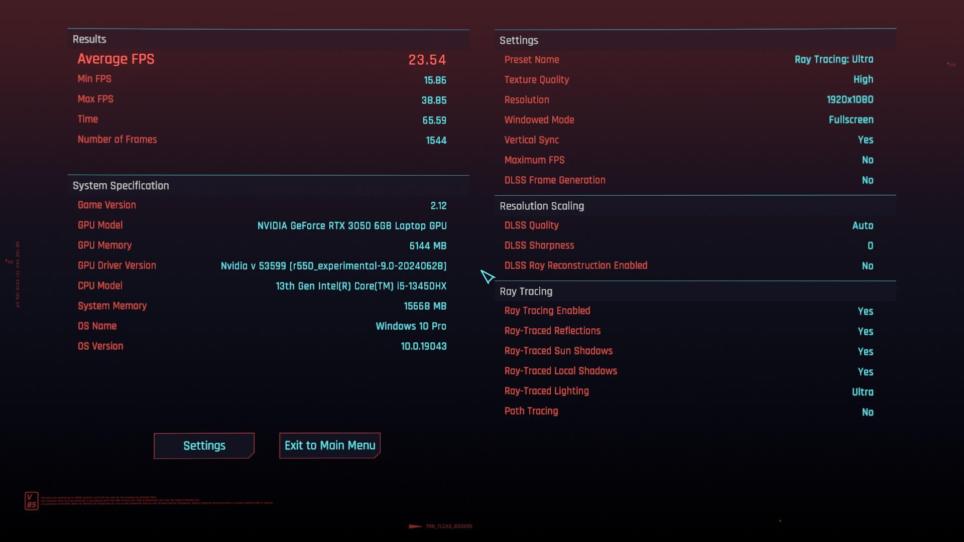 a screenshot of a cyberpunk 2077 benchmark with the ray tracing ultra preset selected