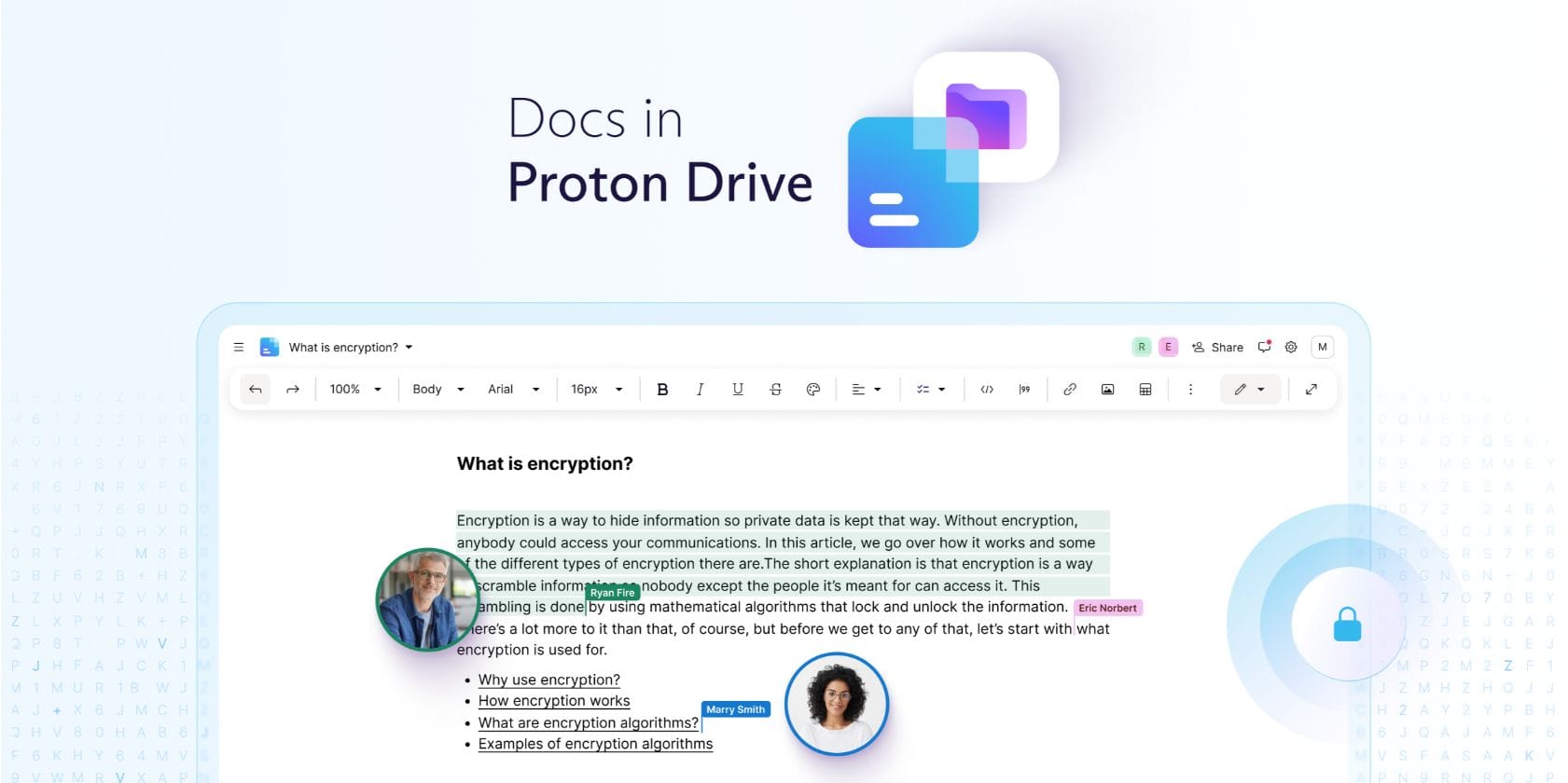 an illustration showing the docs in proton drive interface with collaboration tools in action