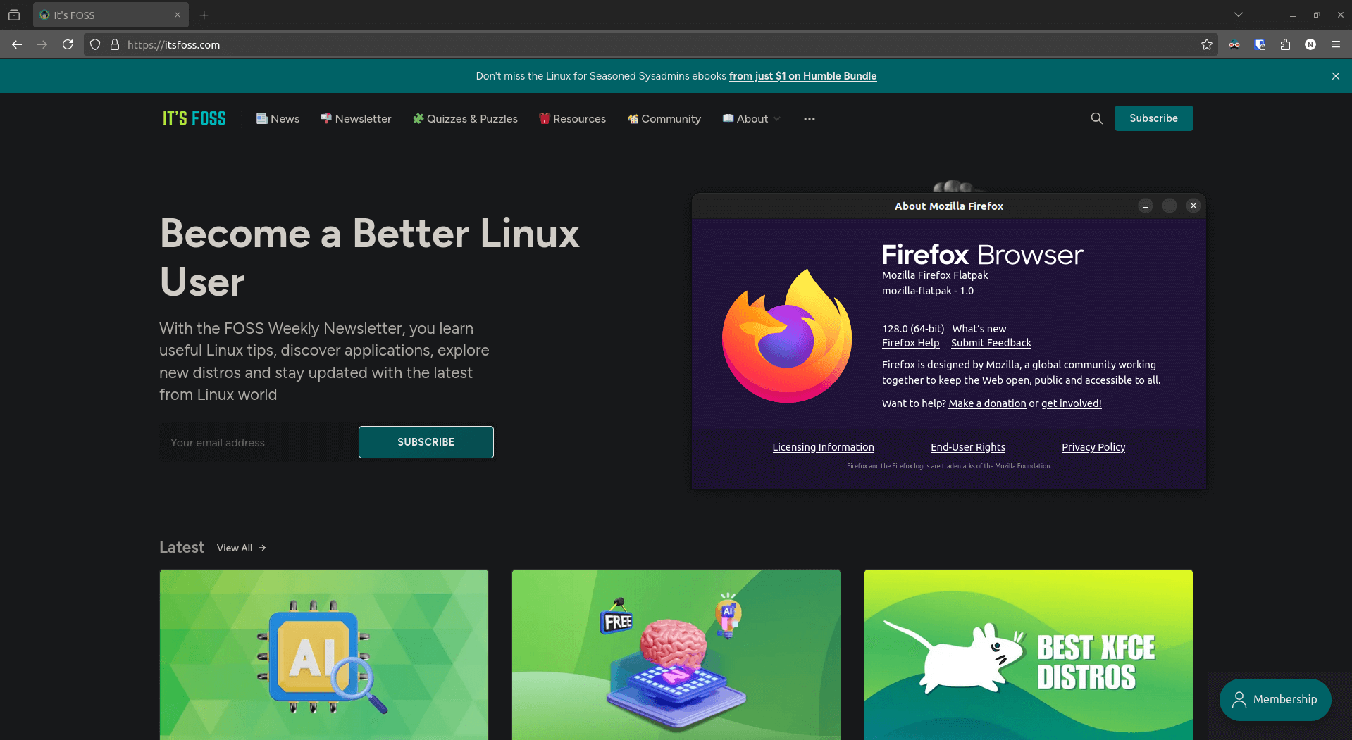 a screenshot of firefox 128 with itsfoss.com open