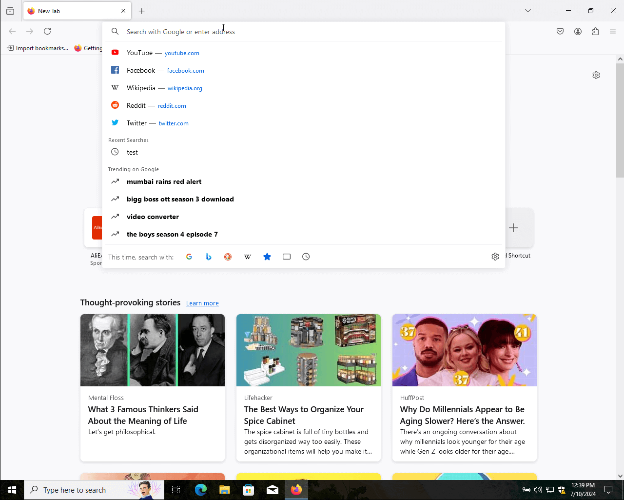 a screenshot of firefox 128 improved search on windows 10