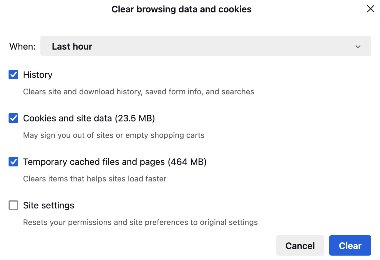 a screenshot of firefox 128 new browsing data and cookie clearing dialog