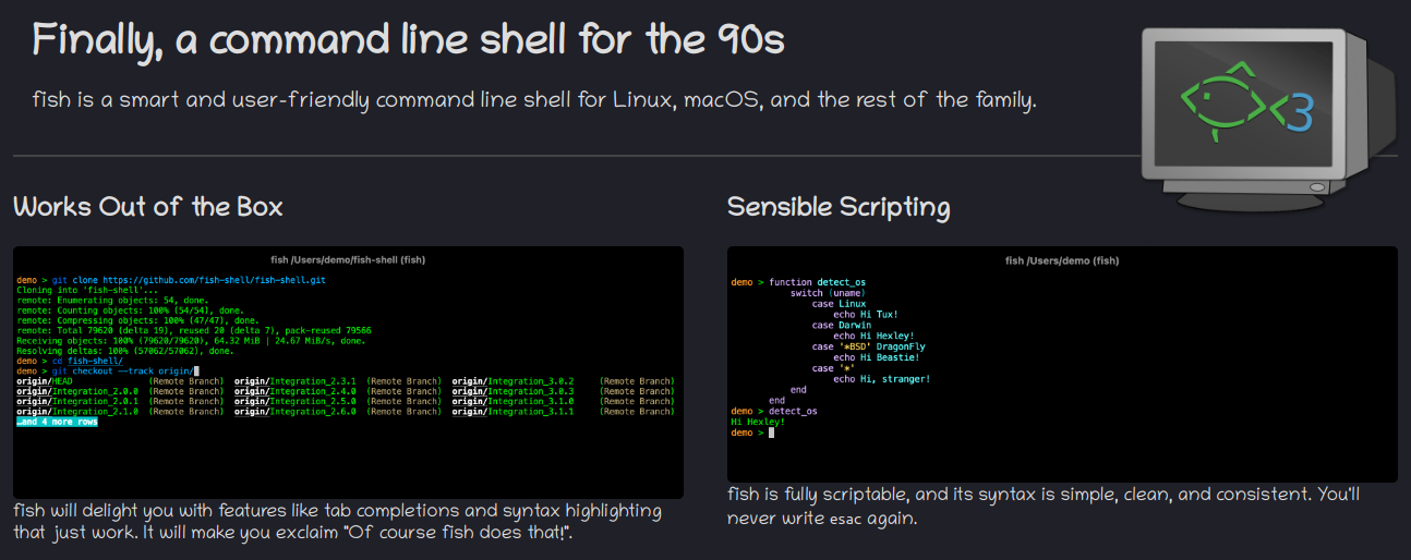 a screenshot of the official fish shell website