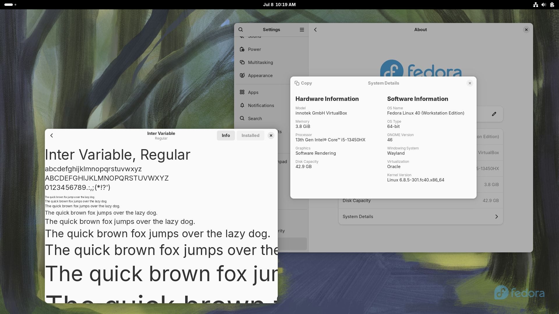 a screenshot of fedora 40 workstation with the inter font installed