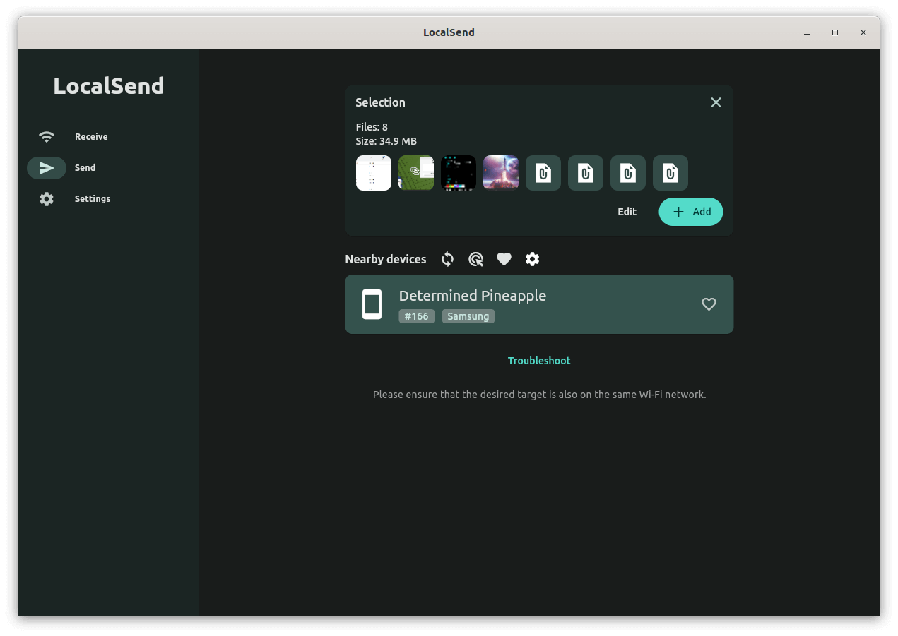 a screenshot of localsend with some files selected for sending and a nearby device being shown
