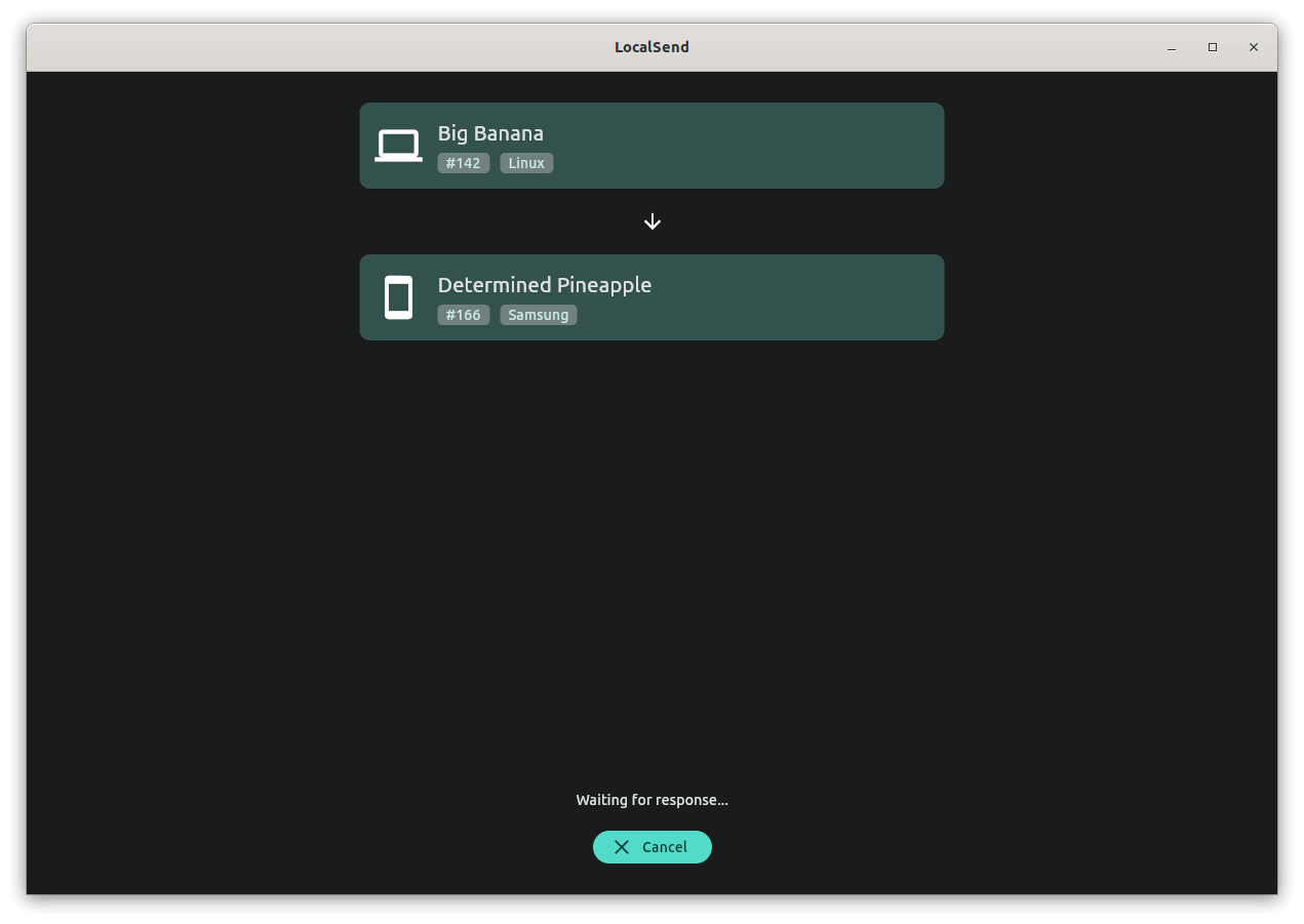 a screenshot of localsend waiting for response from an android device it is sending files to