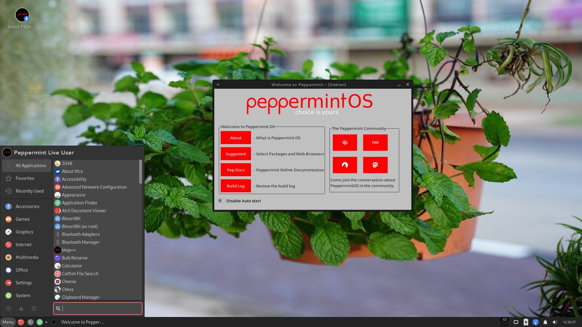 a screenshot of the peppermint os loaded variant's desktop view with the application launcher and welcome app open