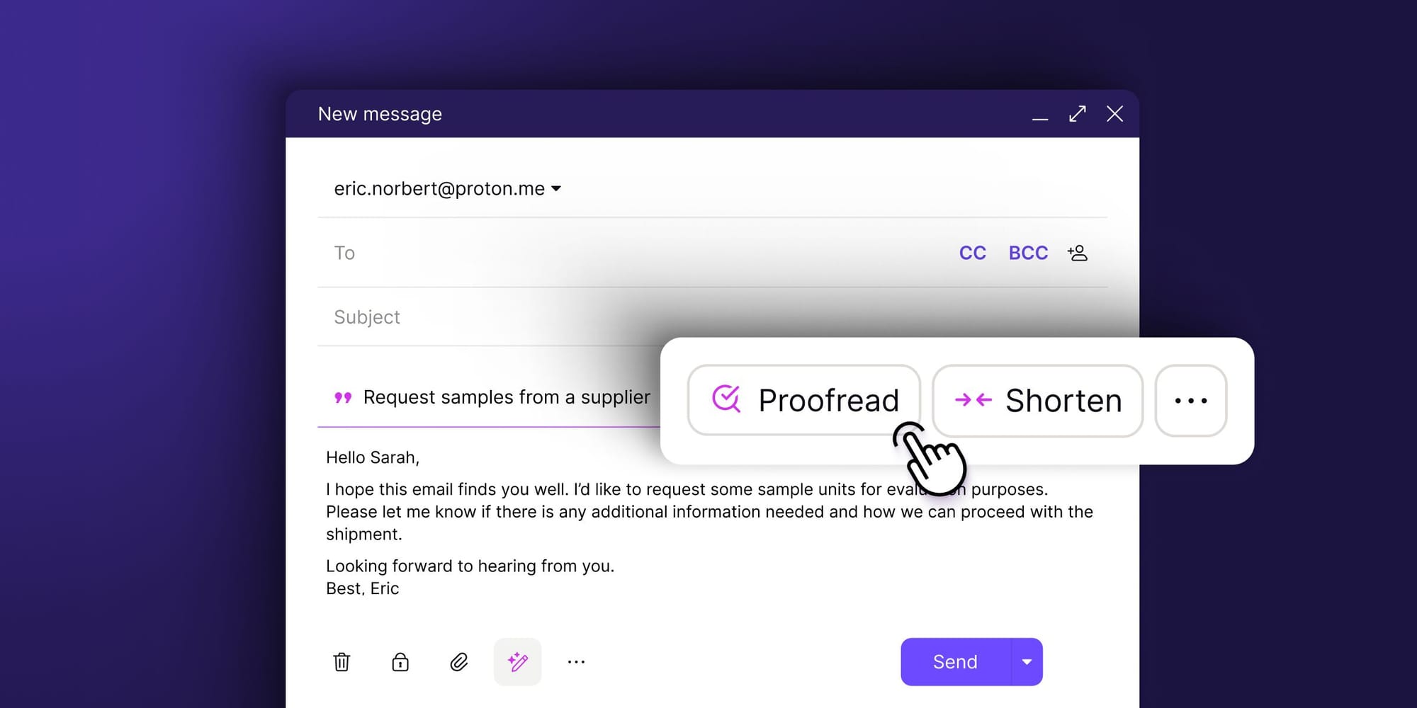 a screenshot of proton scribe proofread and shorten action buttons