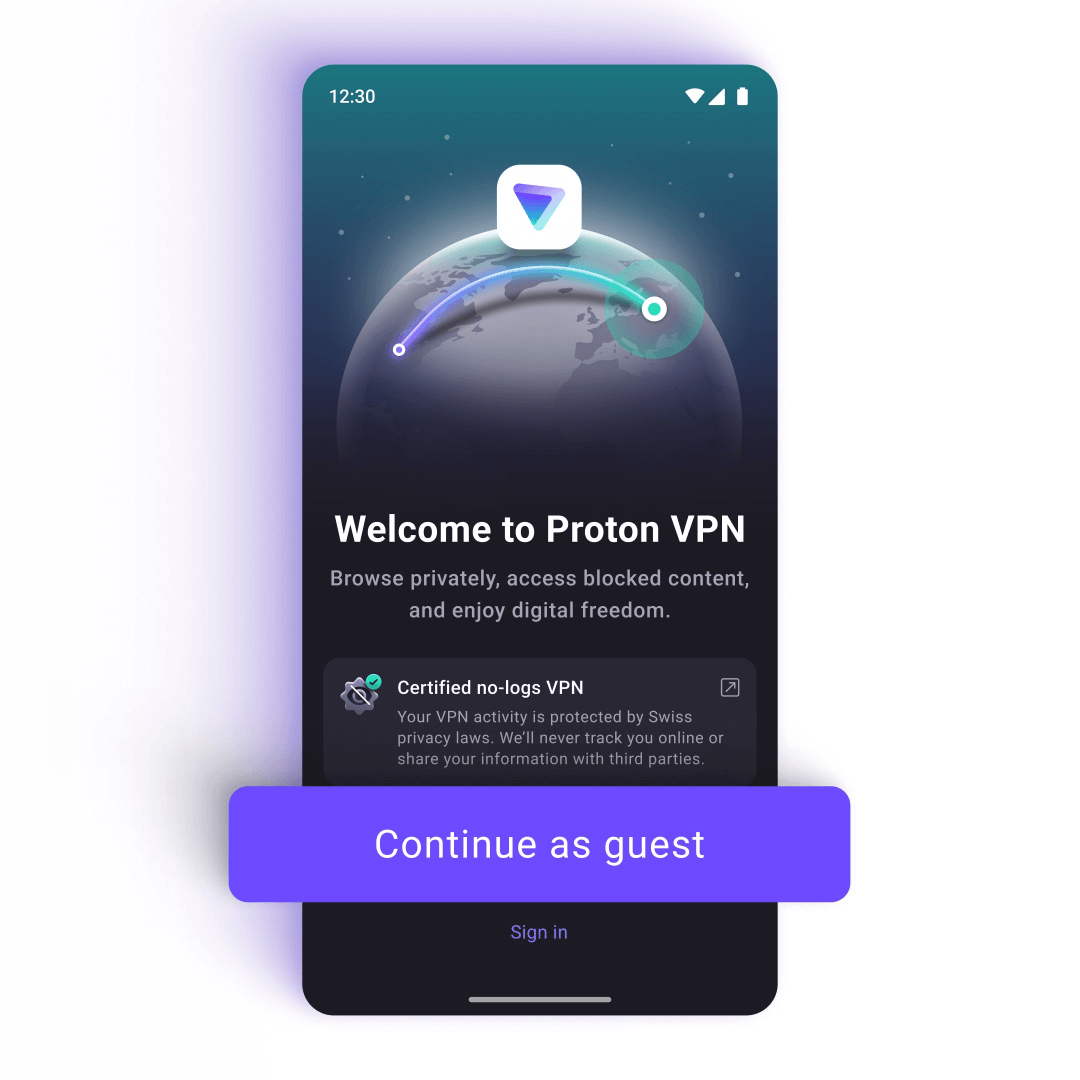 a screenshot of the new continue as guest sign in option for the proton vpn android app