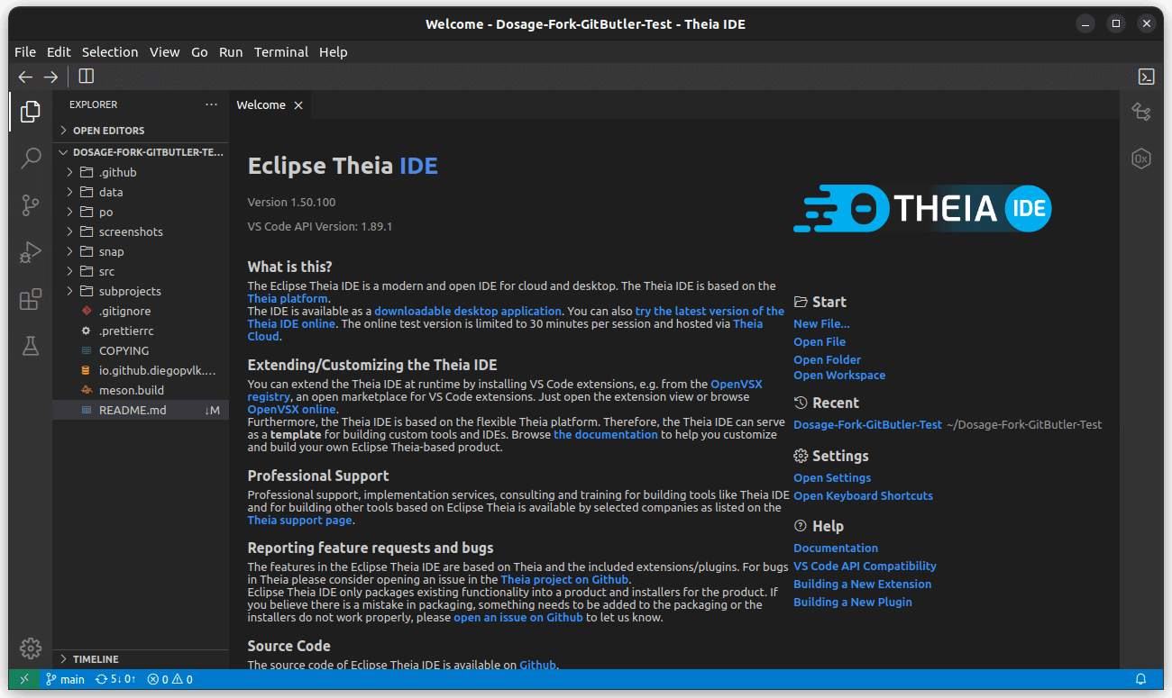 a screenshot of theia ide welcome page