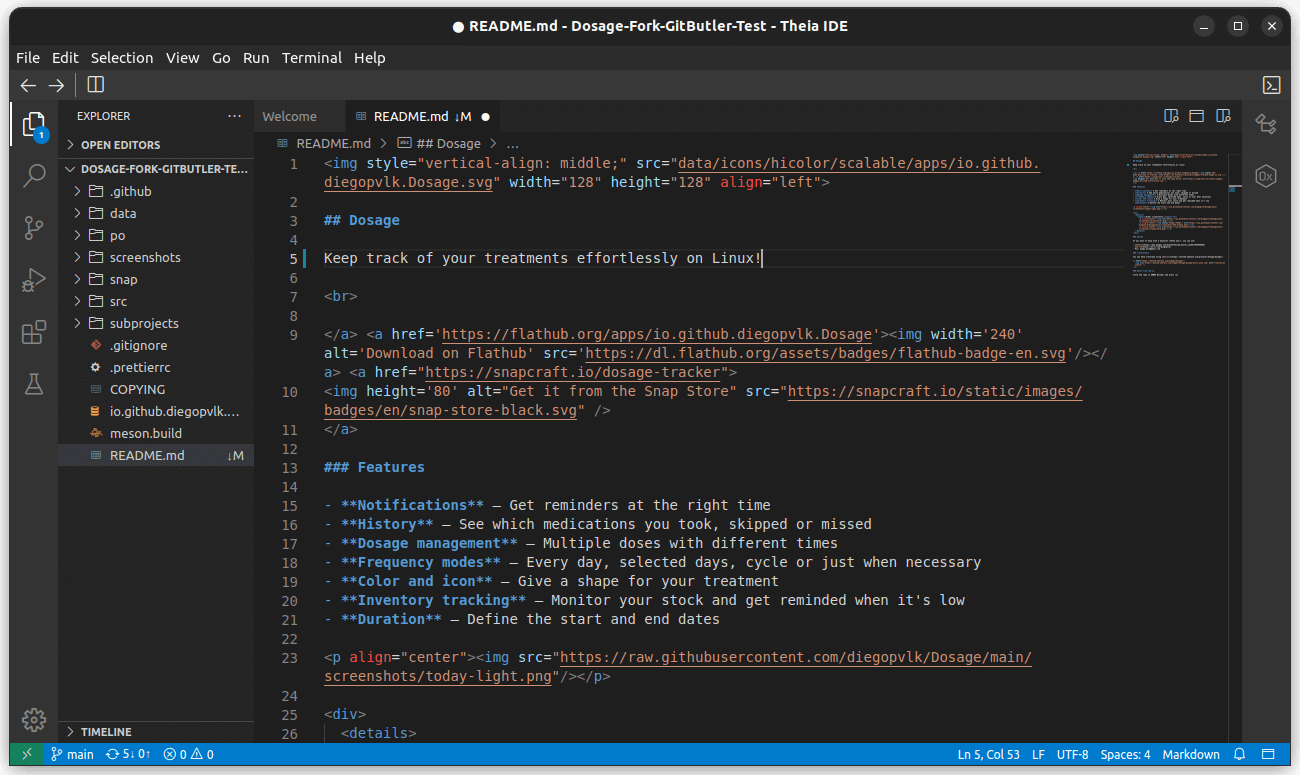 a screenshot of theia ide in action editing a readme file