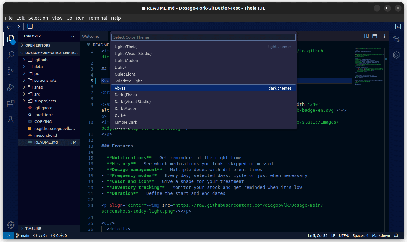 a screenshot of theia ide color theme support