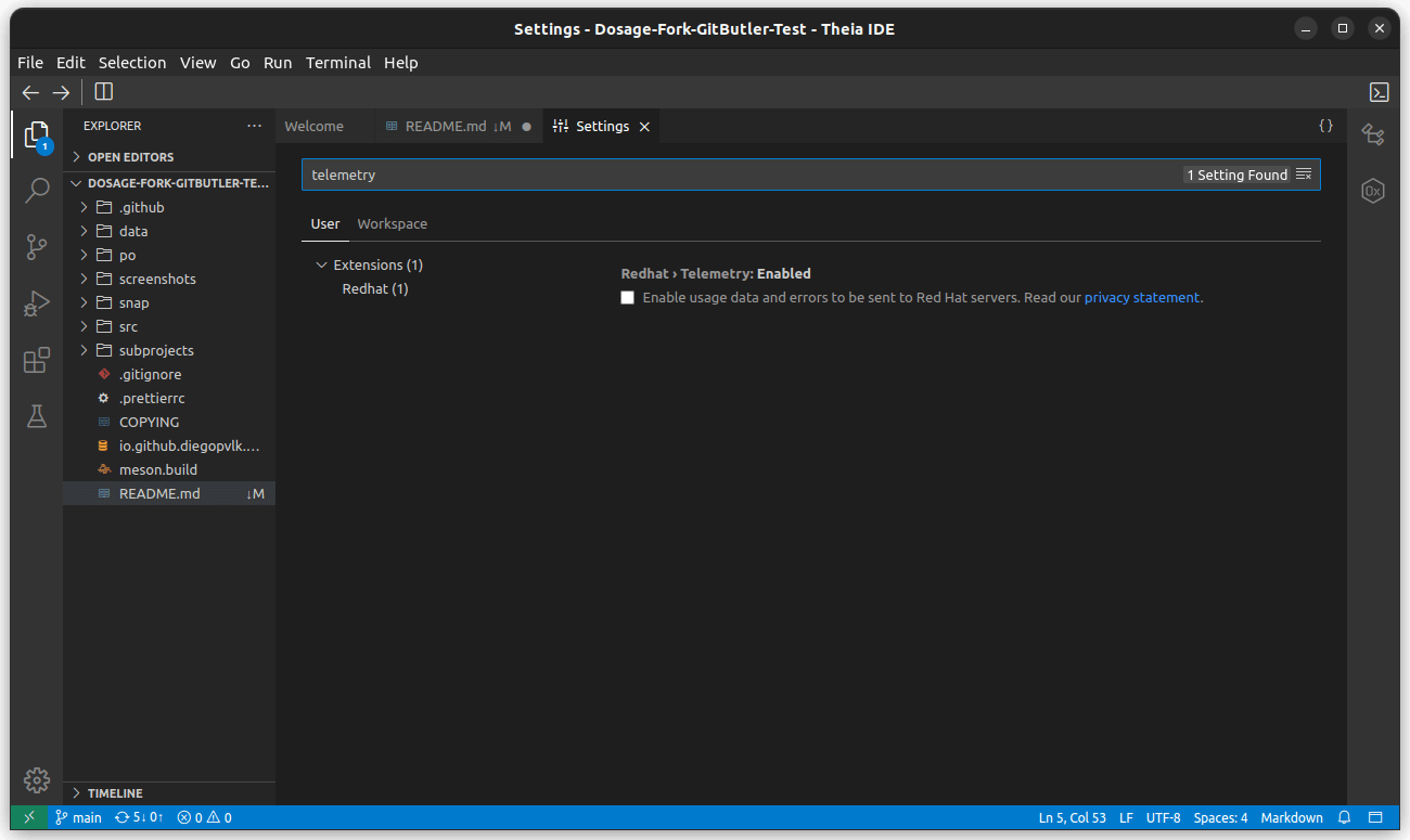 a screenshot of theia ide telemetry setting which is disabled by default