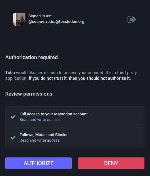 a screenshot of tuba account authorization process in web browser