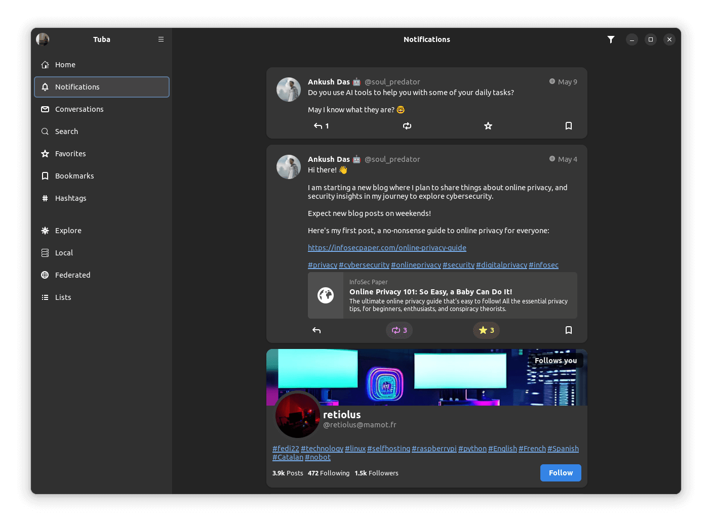 a screenshot of tuba notifications section