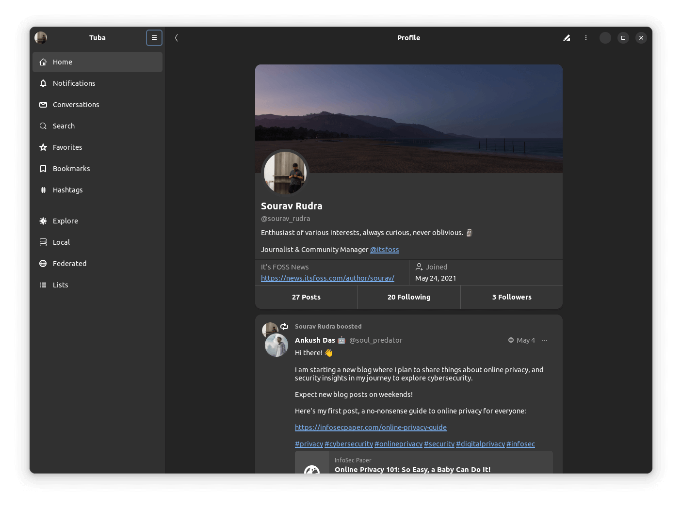 a screenshot of tuba with a user profile open